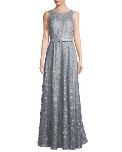 Sleeveless Belted Floral-appliqu&eacute; Gown
