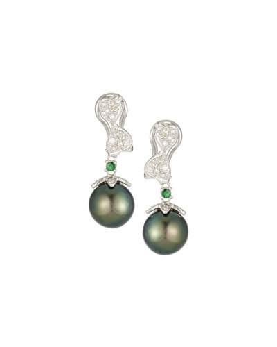 14k Tahitian Pearl, Diamond & Green Garnet Drop Earrings