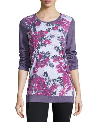Floral-print Long-sleeve Athletic Tee, Bittersweet
