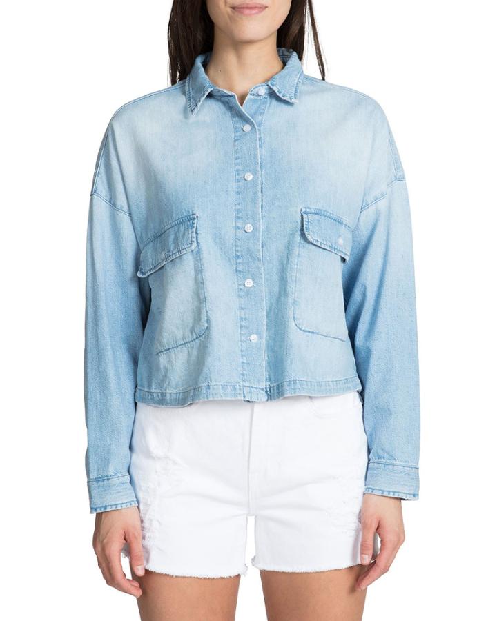 Cropped Denim Boyfriend Shirt With Pockets