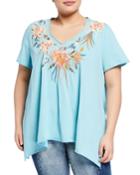 Plus Size Short-sleeve Embroidered Top