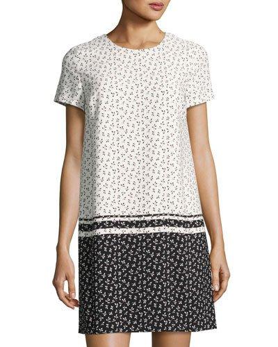 Leaf-print Short-sleeve Shift Dress, Black