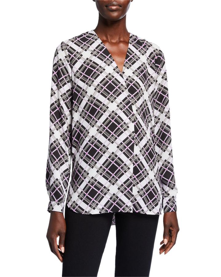 Plaid Pleated V-neck Cuffed Blouse