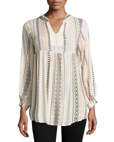 Arida Embroidered Long-sleeve Top, Cream/multi