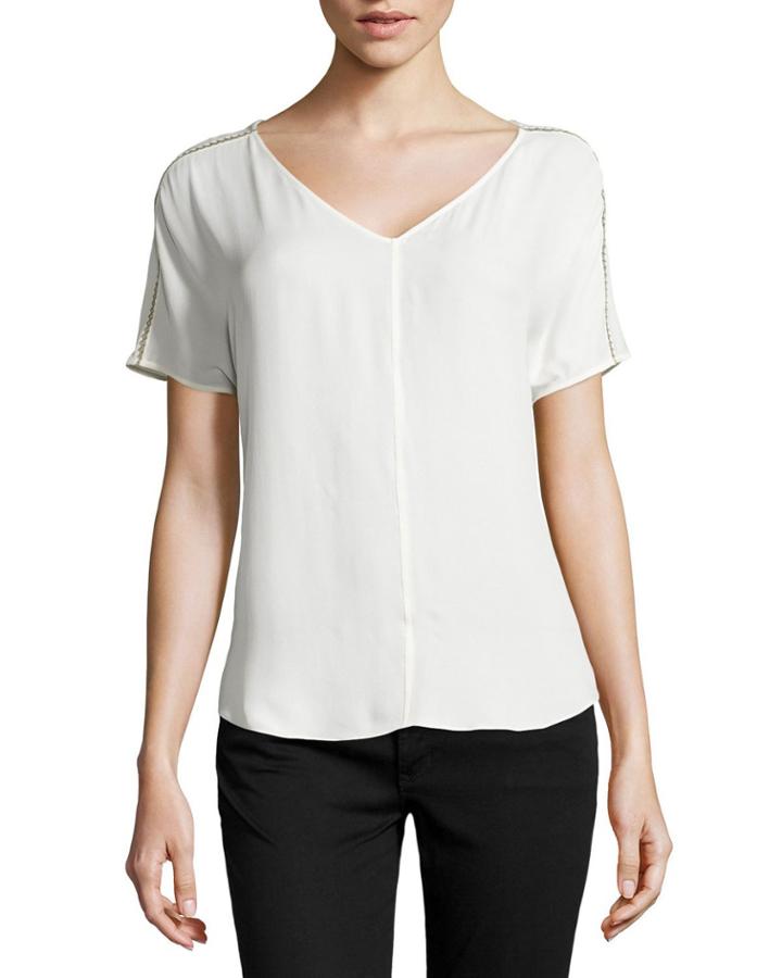 Open Cross-stitch-trimmed Silk Top, Linen White/flint