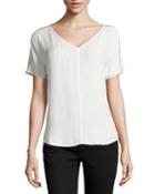 Open Cross-stitch-trimmed Silk Top, Linen White/flint