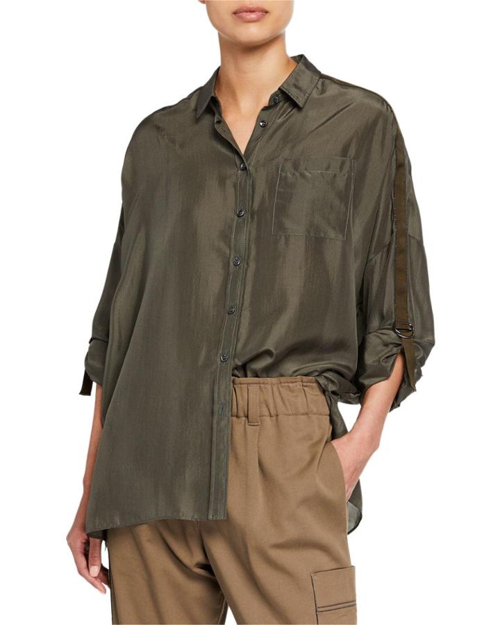Oversized Satin Button-front Tab-sleeve