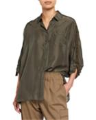 Oversized Satin Button-front Tab-sleeve