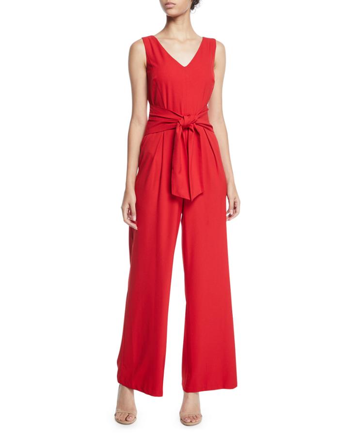 Tie-front Wide-leg V-neck Jumpsuit