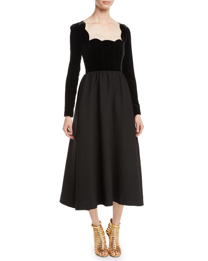 Scallop-neck Long-sleeve Velvet-top Crepe Couture Evening Gown