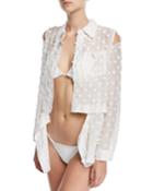 Fractured Cotton-gauze Coverup Shirt With Floral Appliques