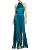 Halter-neck Sleeveless Silk Satin Evening Gown W/ Car Wash Hem