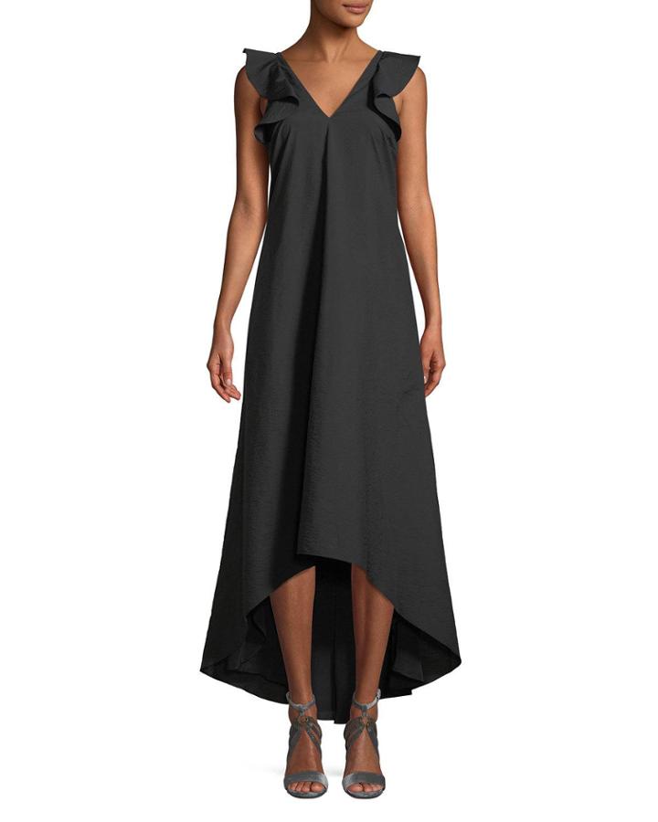 Ruffle-sleeve High-low Sateen Maxi Dress, Black