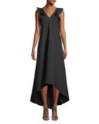 Ruffle-sleeve High-low Sateen Maxi Dress, Black