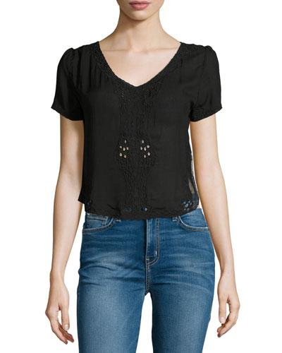 Short-sleeve Mesh-insert Blouse, Black