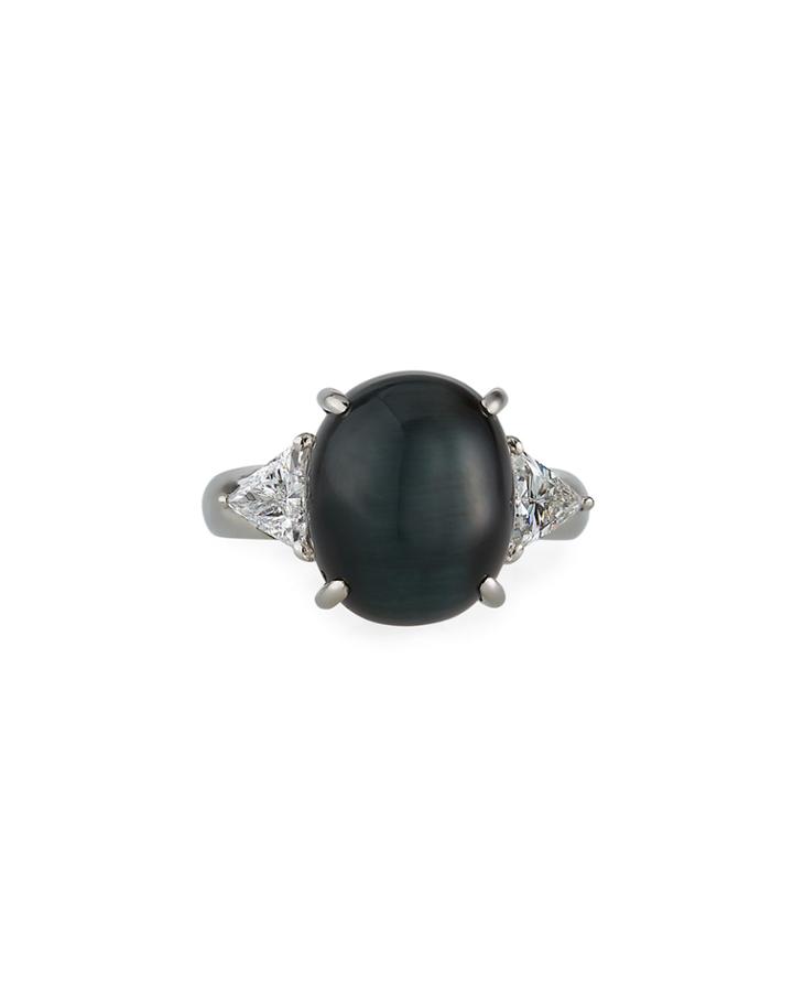 Estate Platinum Green Cats Eye & Diamond Ring,