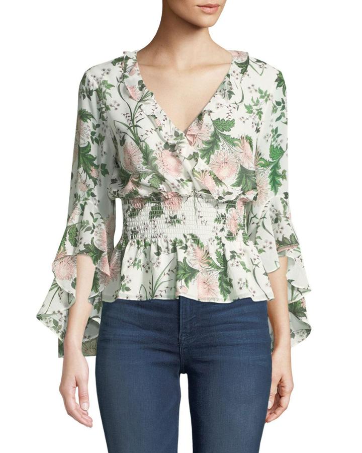Floral Smocked-waist Chiffon Blouse