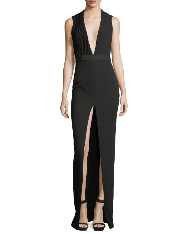 Mitered V-neck Slit-front Gown