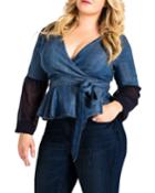 Plus Size Letty Denim Puff-sleeve Peplum Wrap Top