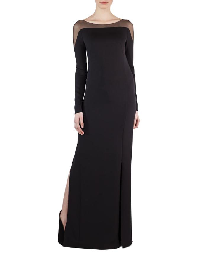 Tulle-shoulder Silk Crepe Gown