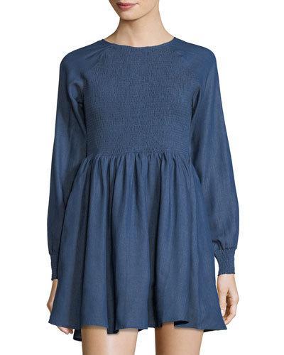 Long-sleeve Smocked Chambray Dress