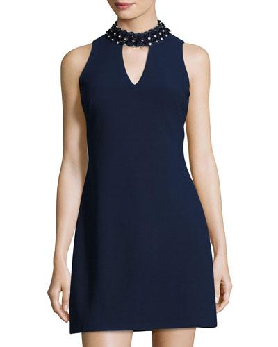 Sleeveless Embellished-neck Dress,