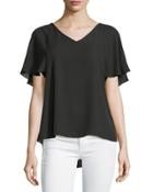 V-neck Flutter-sleeve Top, Black