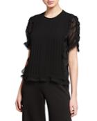 Pleated Ruched-sleeve Lace Georgette Top