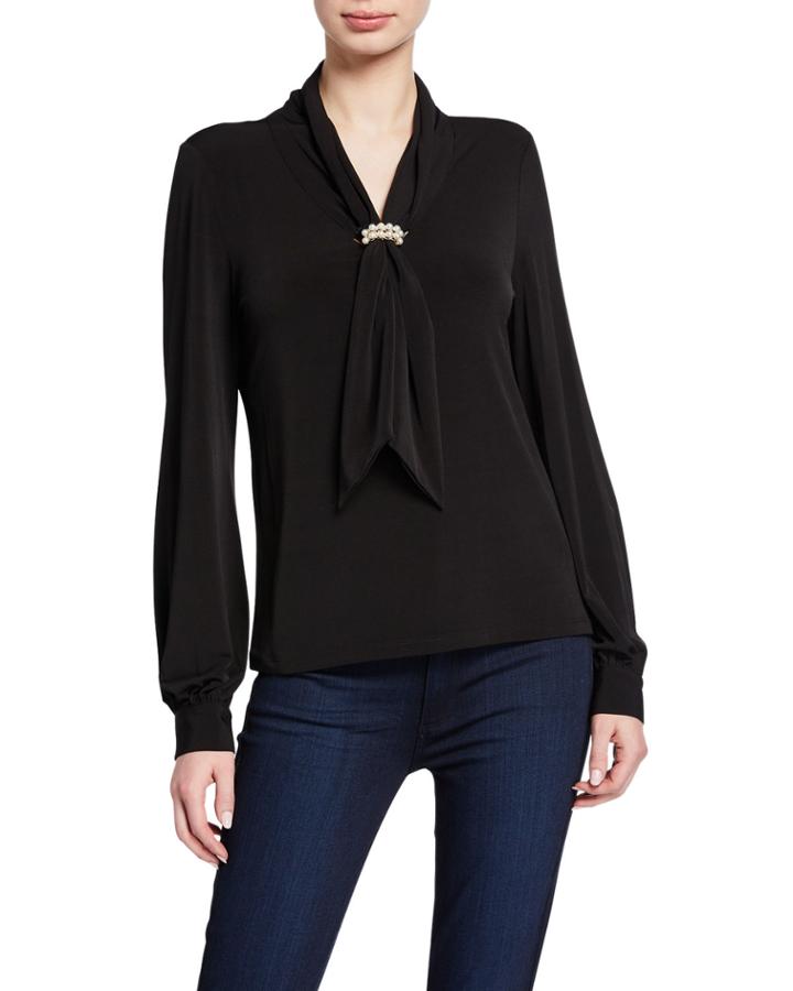 Tie-neck Long-sleeve Knit Top With Pearlescent Cluster