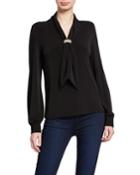 Tie-neck Long-sleeve Knit Top With Pearlescent Cluster