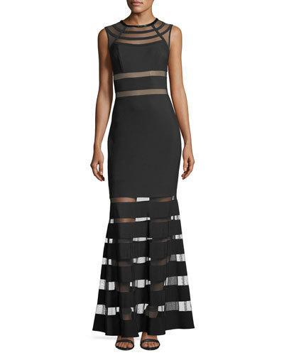 Sleeveless Mesh Column Evening Gown