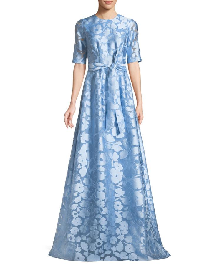 Holly Elbow-sleeve A-line Floral-jacquard Evening Gown