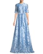 Holly Elbow-sleeve A-line Floral-jacquard Evening Gown