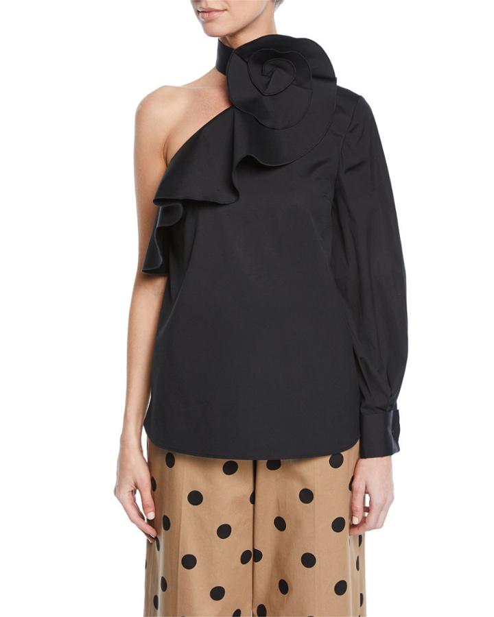 One-sleeve Ruffled Rosette Blouse
