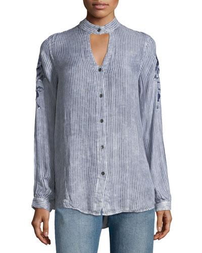 Faux-choker Embroidered Button Up Blouse