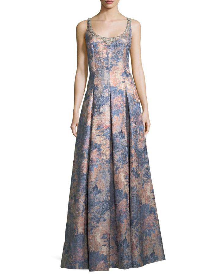 Embellished Scoop-neck Sleeveless Jacquard Gown