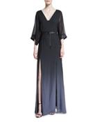 Half-sleeve Belted Ombre Gown, Black/asphalt