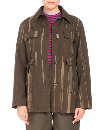 Four-pocket Printed Canvas Coat, Army Green