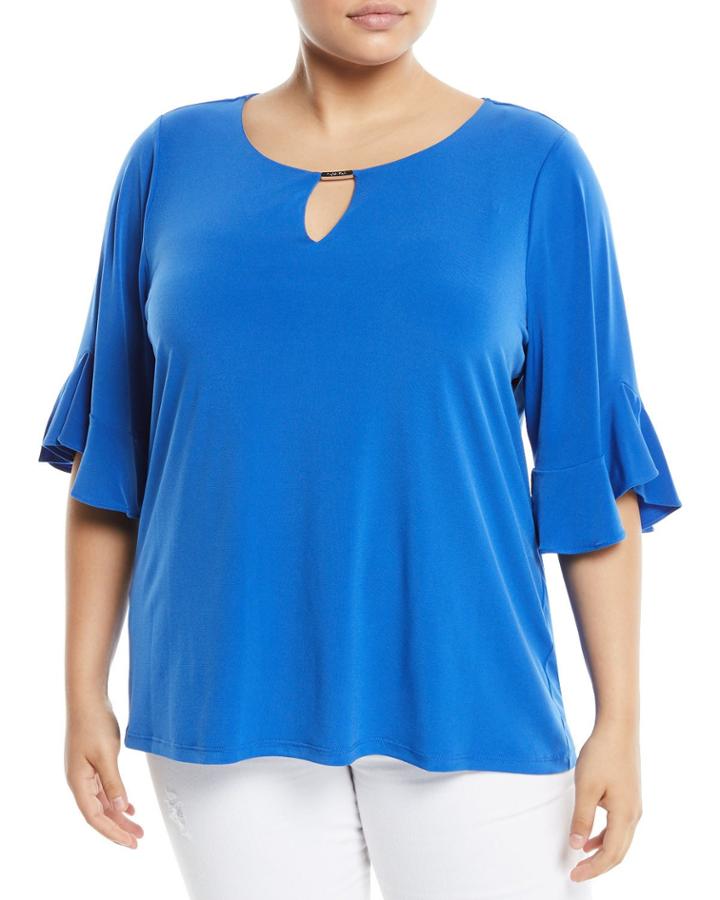 3/4 Ruffle-sleeve Keyhole Blouse,