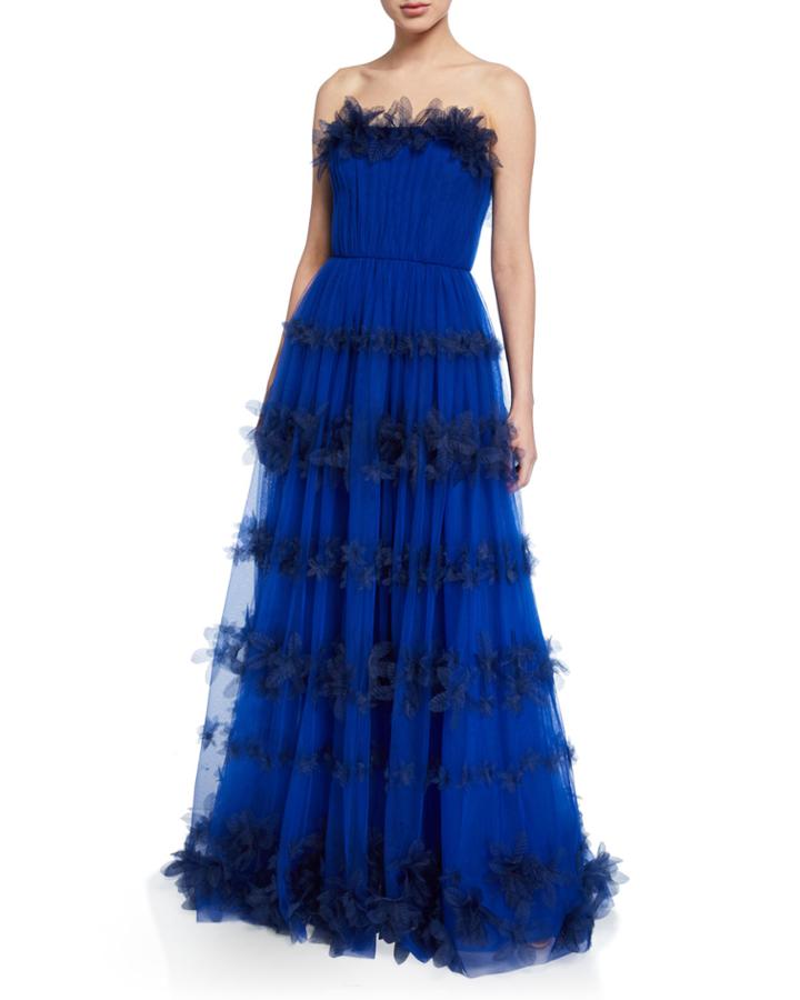 Strapless 3d Floral Stripe Tulle Ball Gown
