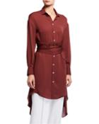 Button-down Long-sleeve Silk Top With Wrap Belt