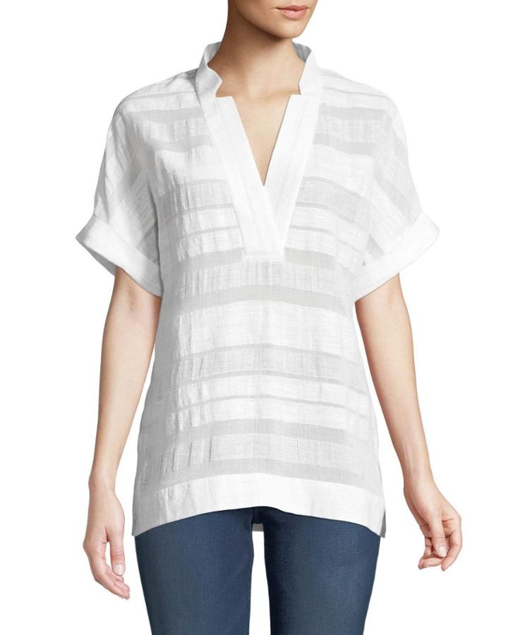 Travis Short-sleeve Highland Textured-stripe Blouse, White