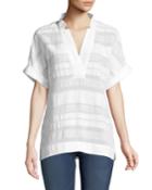 Travis Short-sleeve Highland Textured-stripe Blouse, White