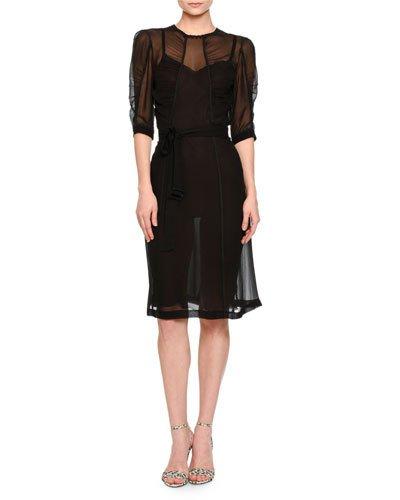 Half-sleeve Shirred-bodice Dress, Black