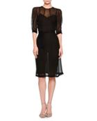 Half-sleeve Shirred-bodice Dress, Black