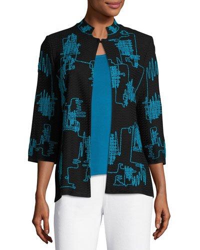 High-neck Embroidered Knit Jacket, Black/blue