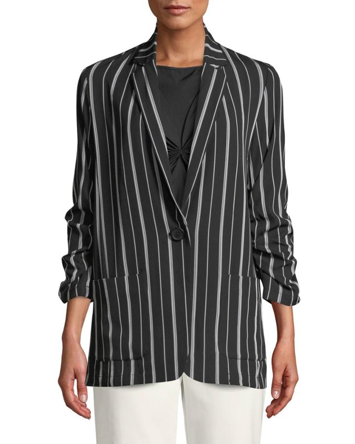 Striped Ruched-sleeve Single-button Jacket