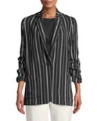 Striped Ruched-sleeve Single-button Jacket