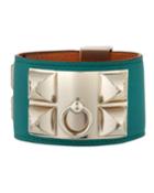 Estate Collier De Chien Leather Bracelet, Green/silver