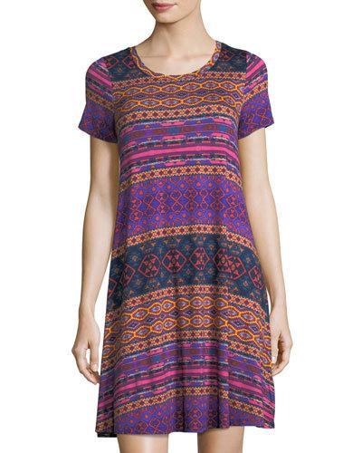 Round-neck Short-sleeve Graphic-knit Dress